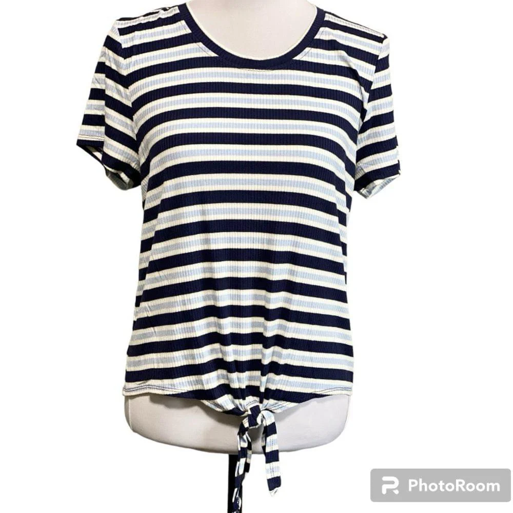Pink Republic blue white stripe short sleeve top with bottom tie size large